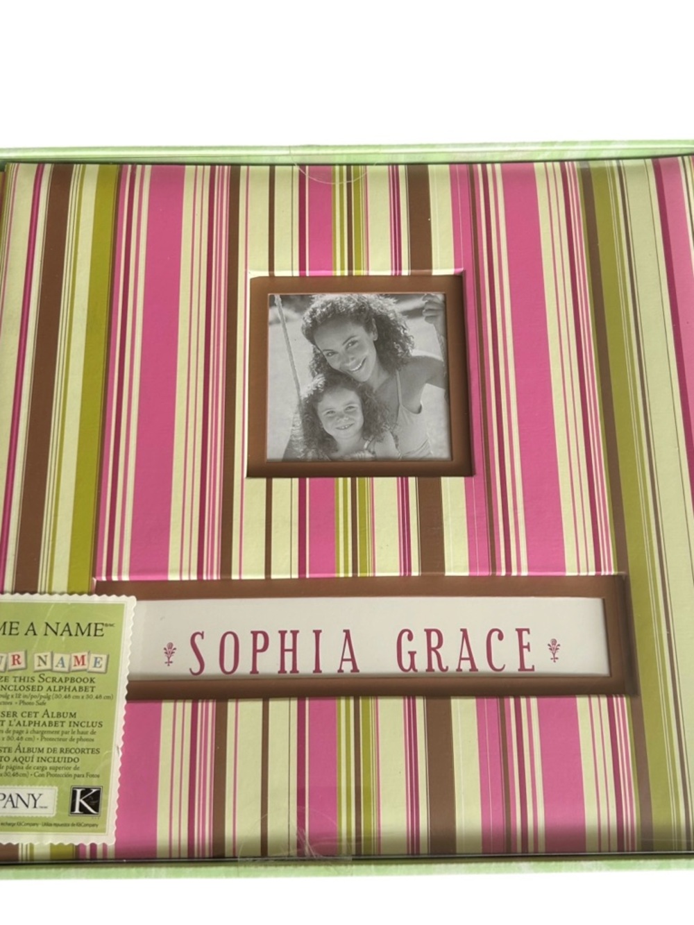 K & Company 12x12 Frame A Name Scrapbook Album Pink Brown Green Striped NEW
